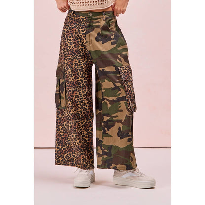 PRE-ORDER Leopard Print And Camouflage Mixed Cargo Pocket Pants