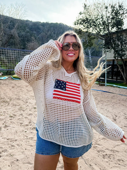 Freedom Flag Patch Pullover Knit Sweater With USA Flag