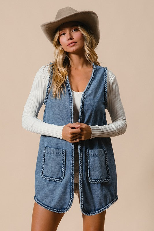 Braided Trim Open Front Denim Vest with Pockets