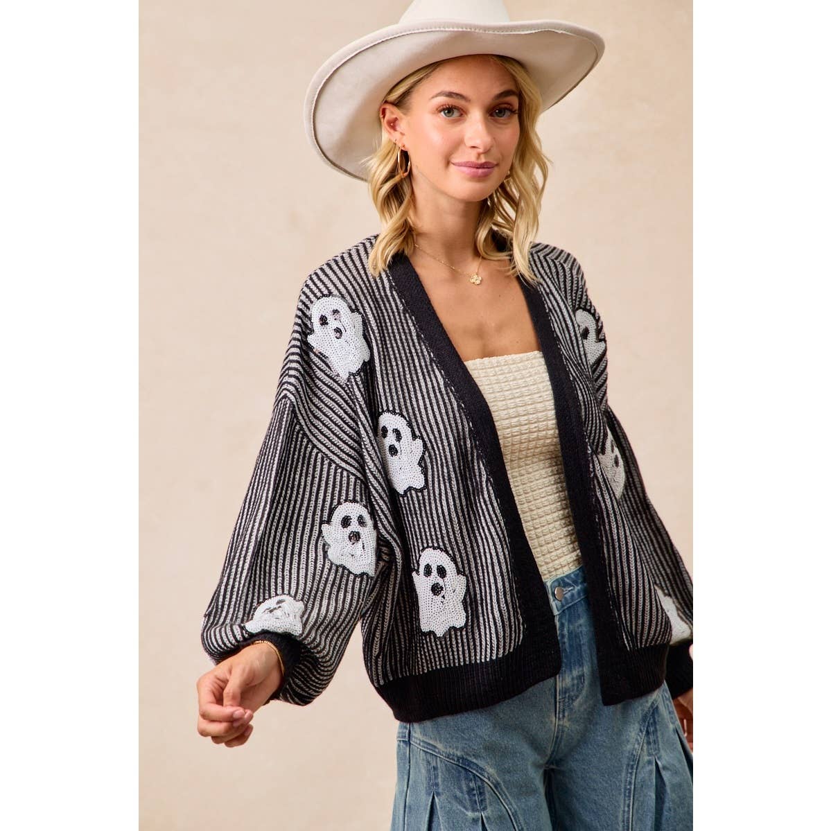 Halloween Themed Cardigan With Ghost Sequin Patch