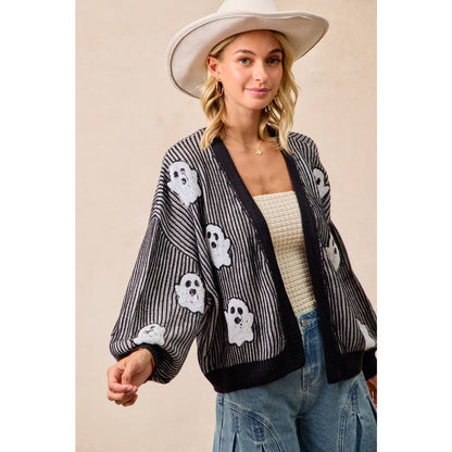 Halloween Themed Cardigan With Ghost Sequin Patch