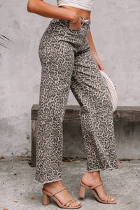 Leopard Frayed Wide Leg Jeans
