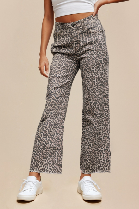 Leopard Frayed Wide Leg Jeans