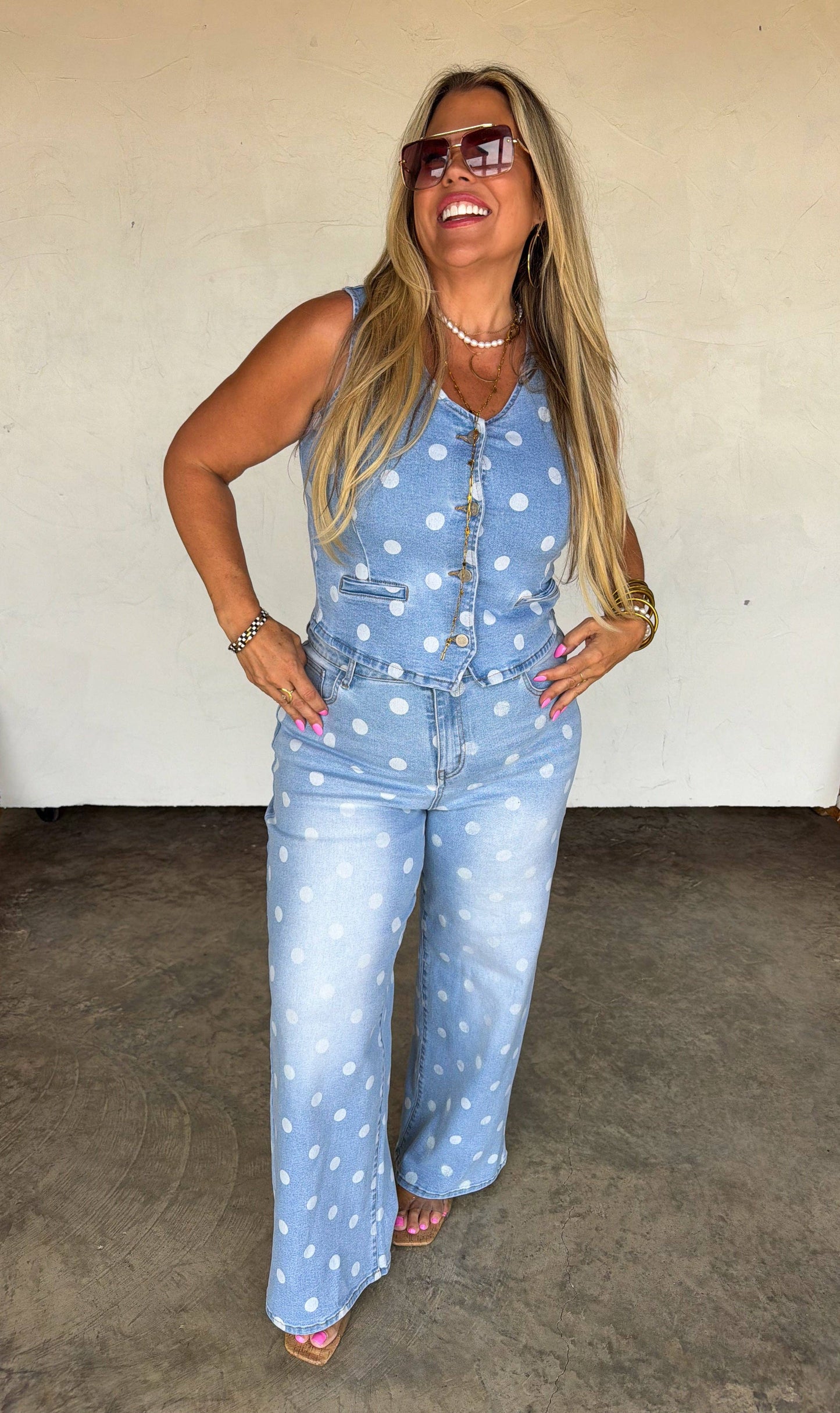 Sprinkle Me Polka Dot Denim Vest With Light Stretch And Front Pockets