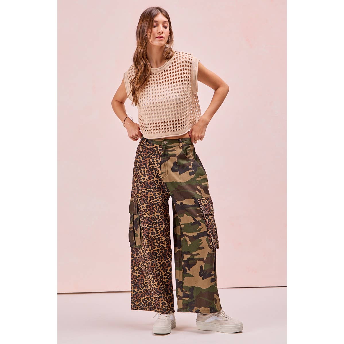 PRE-ORDER Leopard Print And Camouflage Mixed Cargo Pocket Pants