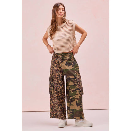 PRE-ORDER Leopard Print And Camouflage Mixed Cargo Pocket Pants