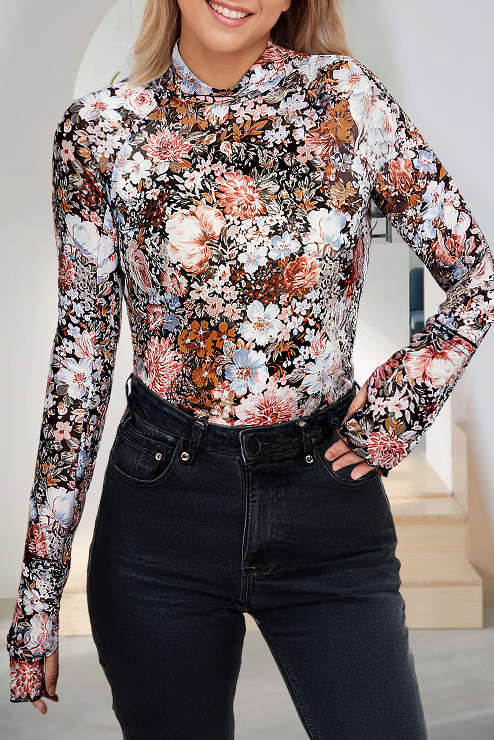 Floral Long Sleeve Mesh Blouse