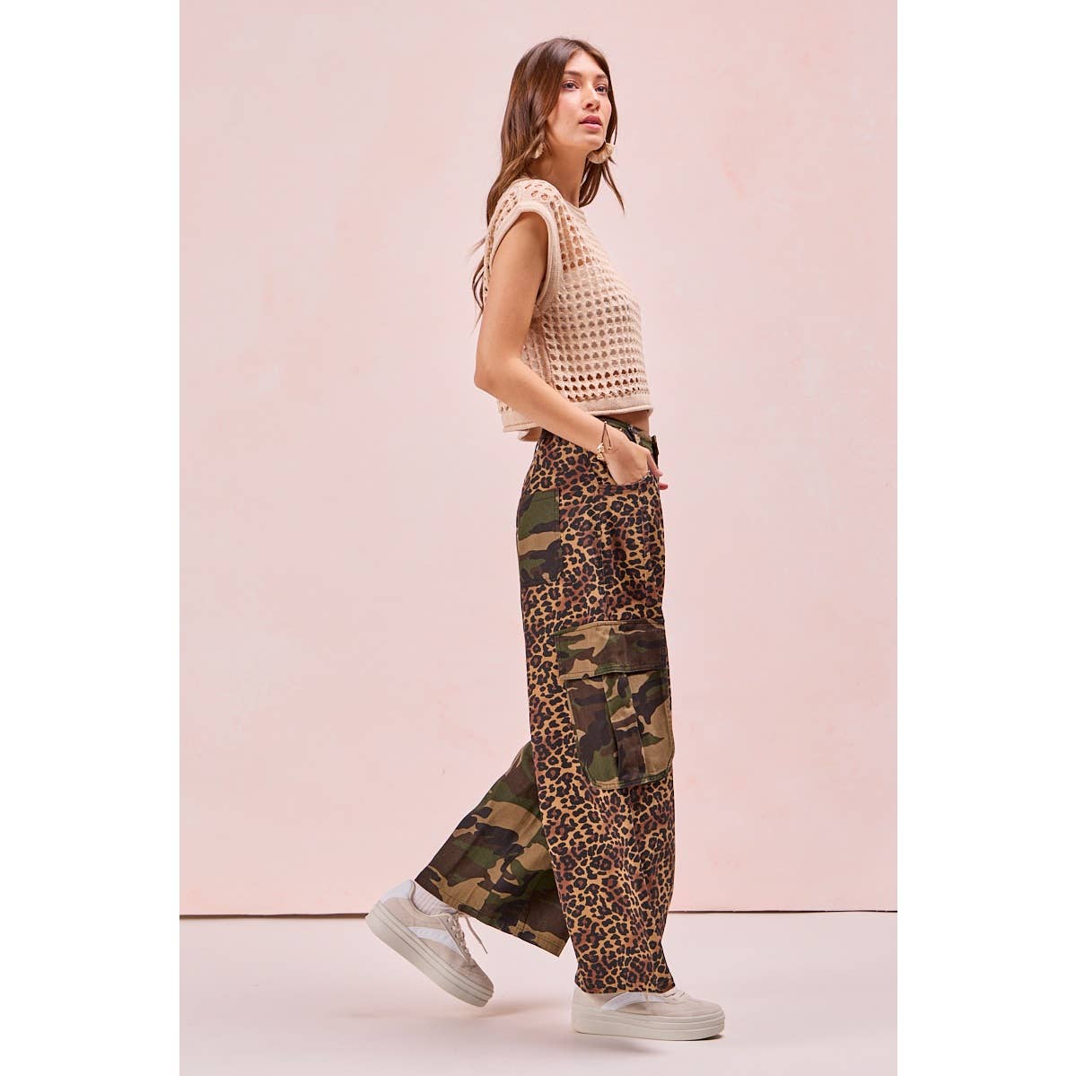 PRE-ORDER Leopard Print And Camouflage Mixed Cargo Pocket Pants