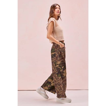 PRE-ORDER Leopard Print And Camouflage Mixed Cargo Pocket Pants
