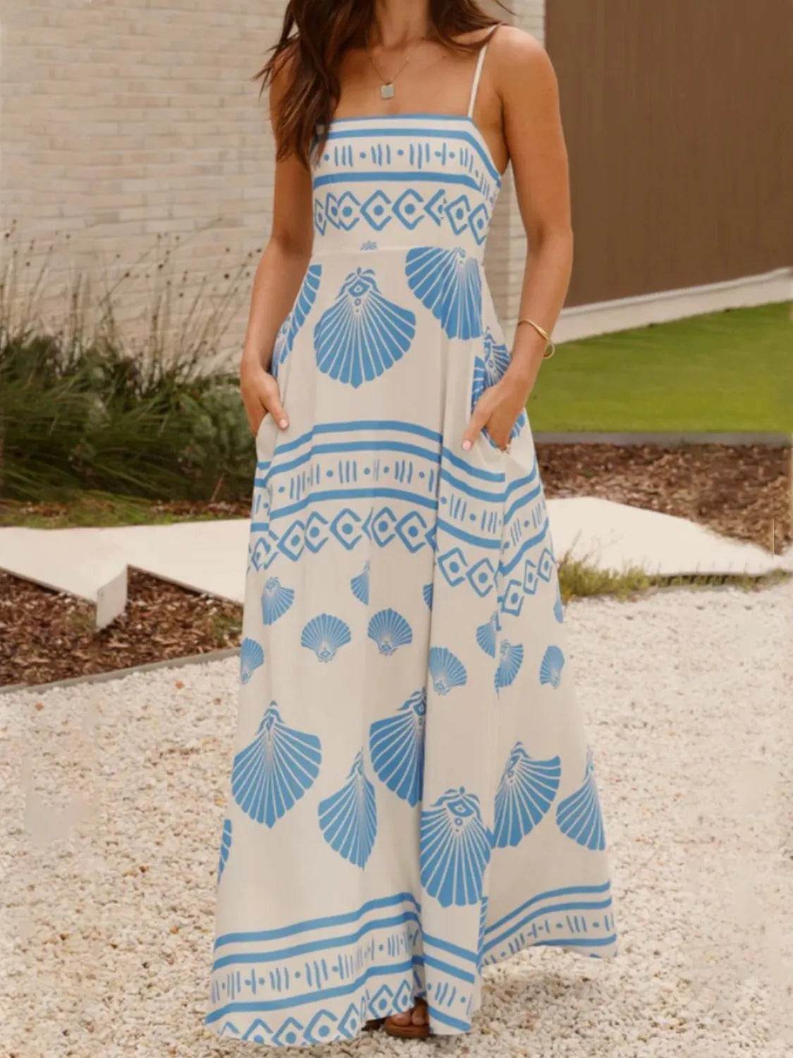 Seashell Print Spaghetti Strap Maxi Dress