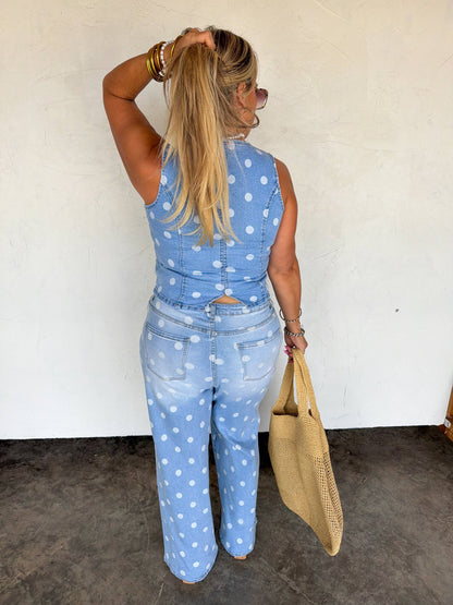 Sprinkle Me Polka Dot Denim Vest With Light Stretch And Front Pockets