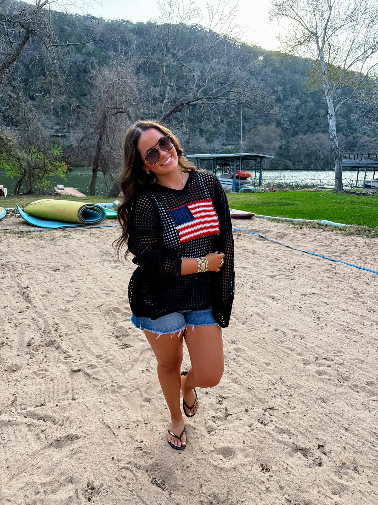 Freedom Flag Patch Pullover Knit Sweater With USA Flag