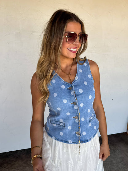 Sprinkle Me Polka Dot Denim Vest With Light Stretch And Front Pockets