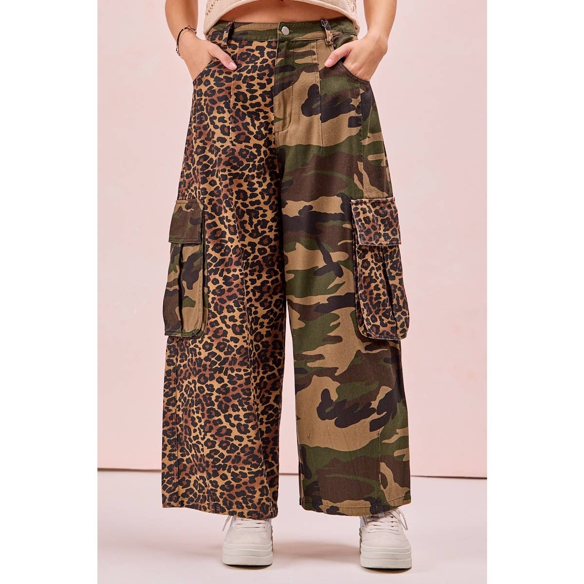 PRE-ORDER Leopard Print And Camouflage Mixed Cargo Pocket Pants