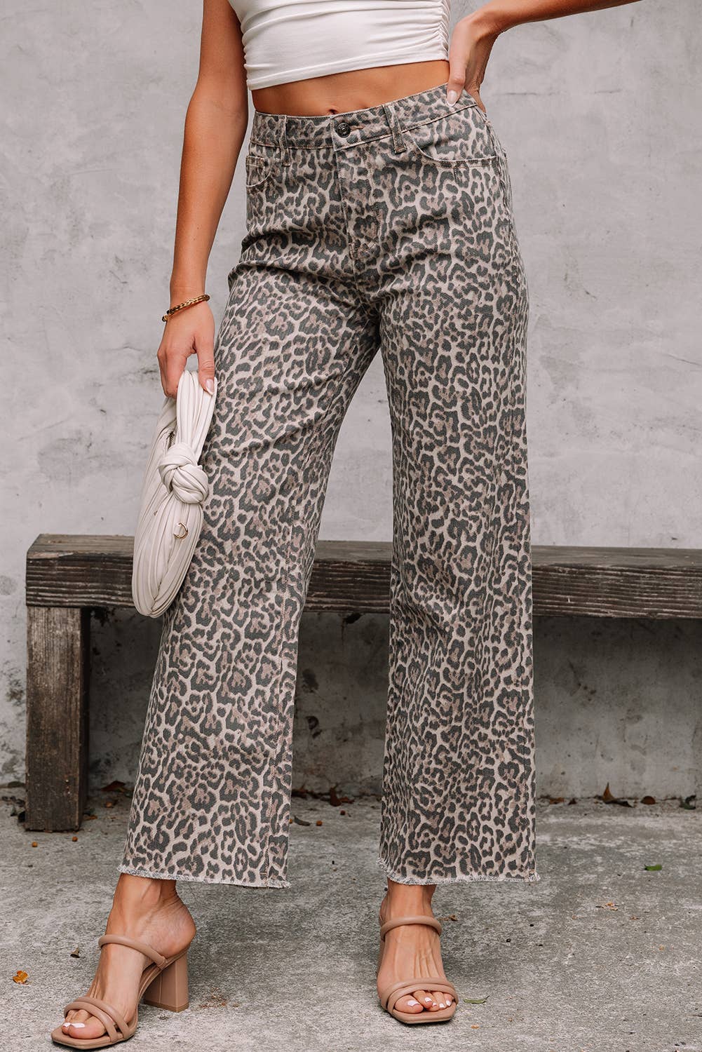 Leopard Frayed Wide Leg Jeans
