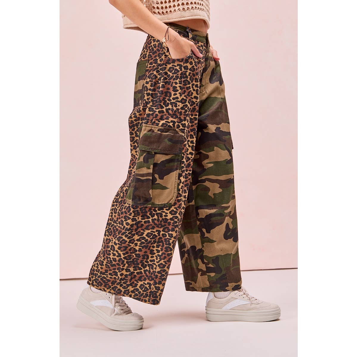 PRE-ORDER Leopard Print And Camouflage Mixed Cargo Pocket Pants