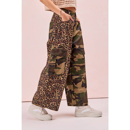 PRE-ORDER Leopard Print And Camouflage Mixed Cargo Pocket Pants