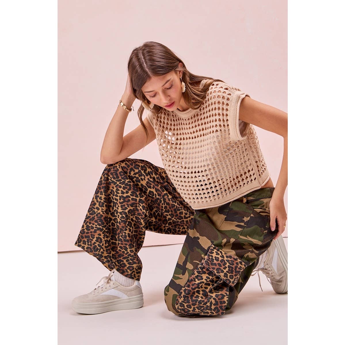 PRE-ORDER Leopard Print And Camouflage Mixed Cargo Pocket Pants
