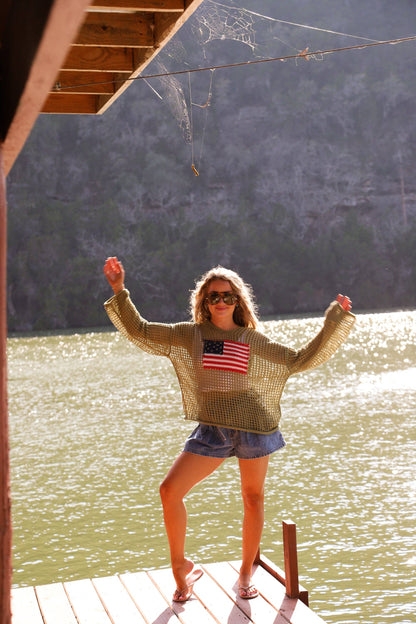 Freedom Flag Patch Pullover Knit Sweater With USA Flag